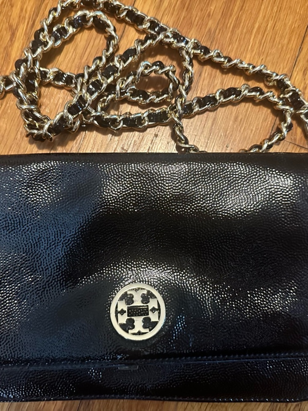 Tory Burch Black Patent Leather Crossbody Bag with Gold Logo and Chain Strap
